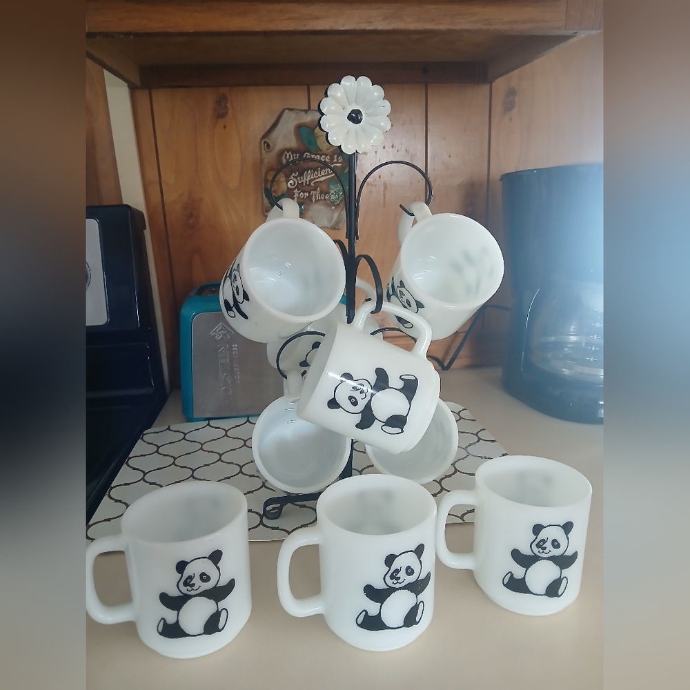 White Panda Milk Glass Mug Set - Cute Panda Design